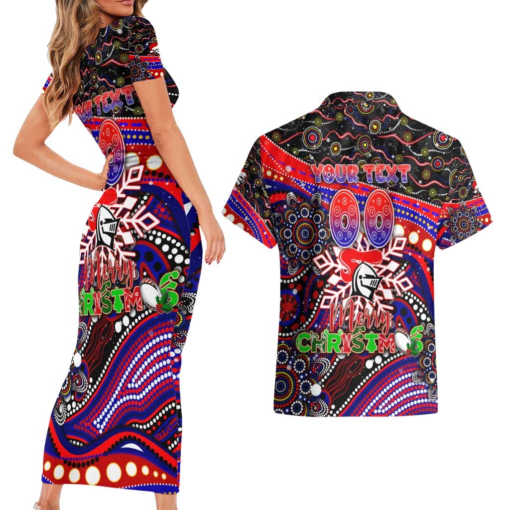 Merry Christmas Newcastle Knights Couples Matching Short Sleeve Bodycon Dress and Hawaiian Shirt Aboriginal Santa Rugby Mascot - Novocastrians