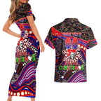 Merry Christmas Newcastle Knights Couples Matching Short Sleeve Bodycon Dress and Hawaiian Shirt Aboriginal Santa Rugby Mascot - Novocastrians