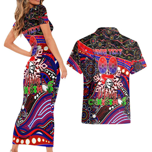 Merry Christmas Newcastle Knights Couples Matching Short Sleeve Bodycon Dress and Hawaiian Shirt Aboriginal Santa Rugby Mascot - Novocastrians