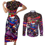 Merry Christmas Newcastle Knights Couples Matching Short Sleeve Bodycon Dress and Long Sleeve Button Shirt Aboriginal Santa Rugby Mascot - Novocastrians