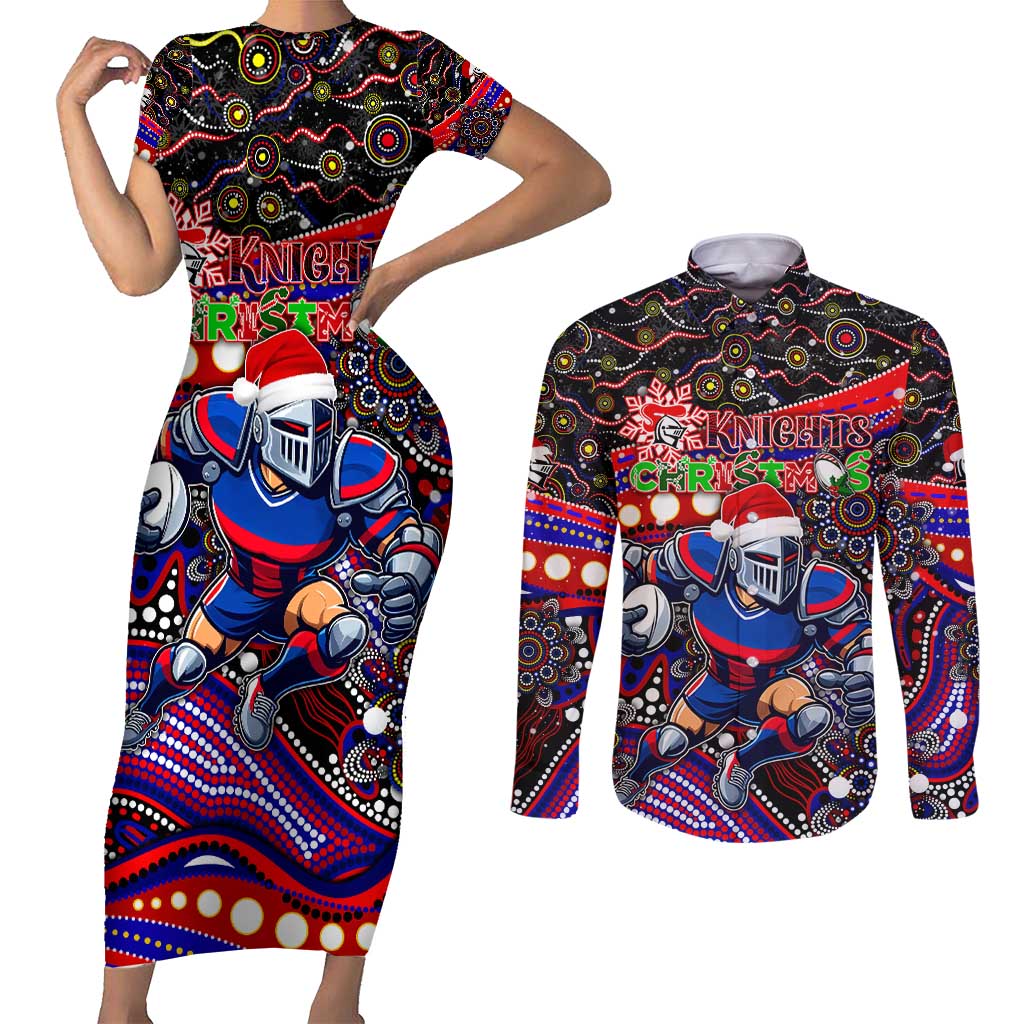 Merry Christmas Newcastle Knights Couples Matching Short Sleeve Bodycon Dress and Long Sleeve Button Shirt Aboriginal Santa Rugby Mascot - Novocastrians