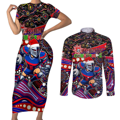 Merry Christmas Newcastle Knights Couples Matching Short Sleeve Bodycon Dress and Long Sleeve Button Shirt Aboriginal Santa Rugby Mascot - Novocastrians