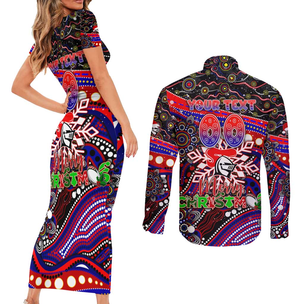 Merry Christmas Newcastle Knights Couples Matching Short Sleeve Bodycon Dress and Long Sleeve Button Shirt Aboriginal Santa Rugby Mascot - Novocastrians