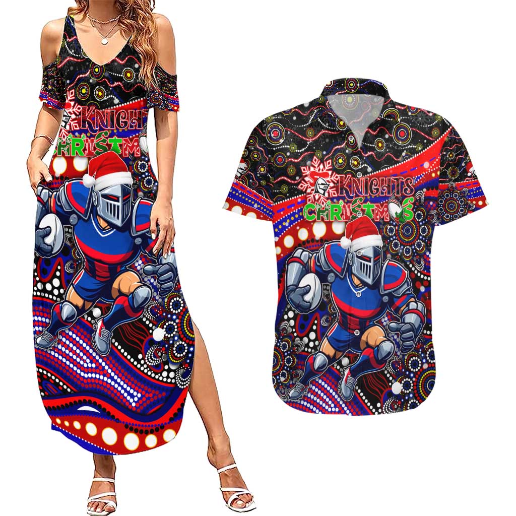 Merry Christmas Newcastle Knights Couples Matching Summer Maxi Dress and Hawaiian Shirt Aboriginal Santa Rugby Mascot - Novocastrians