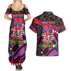 Merry Christmas Newcastle Knights Couples Matching Summer Maxi Dress and Hawaiian Shirt Aboriginal Santa Rugby Mascot - Novocastrians