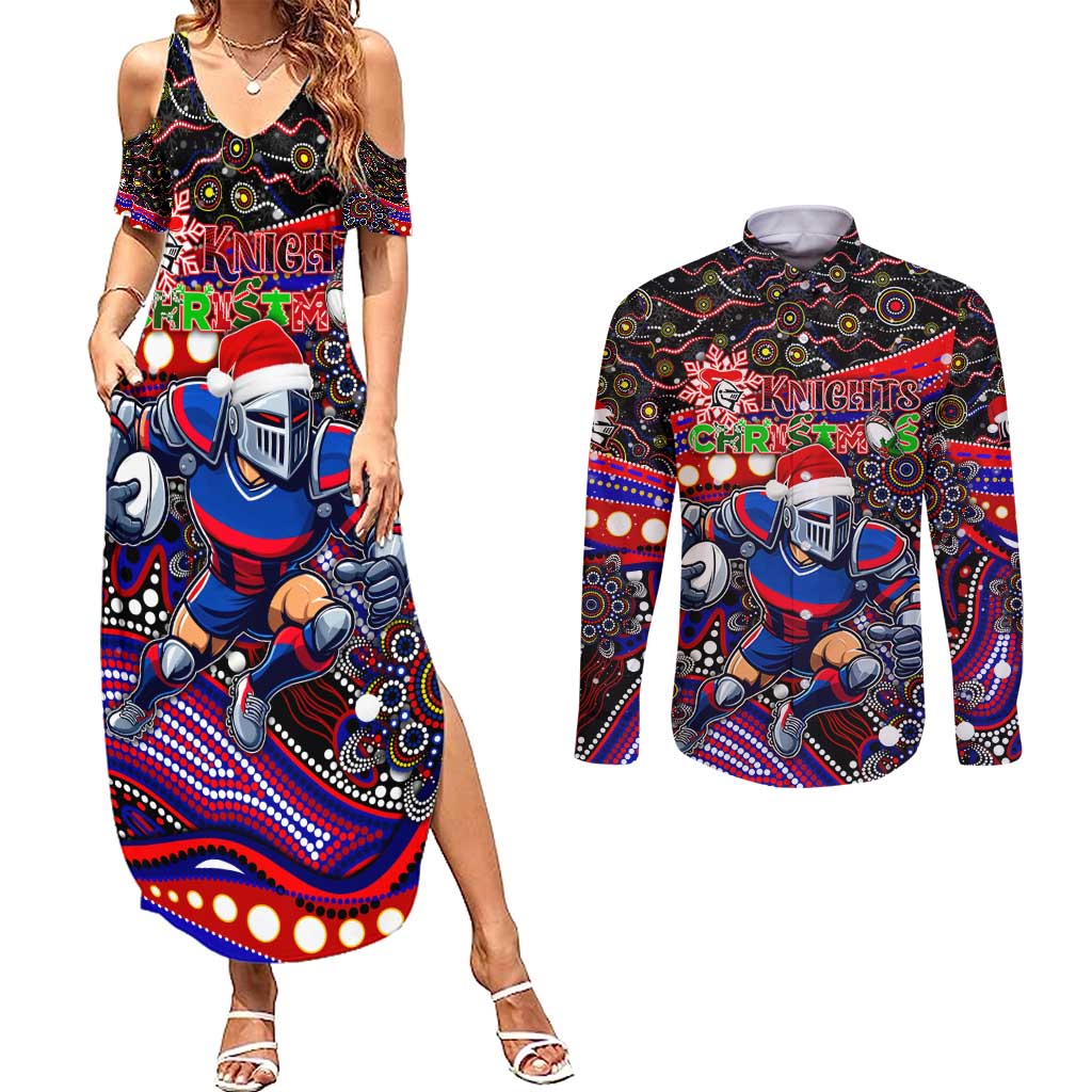 Merry Christmas Newcastle Knights Couples Matching Summer Maxi Dress and Long Sleeve Button Shirt Aboriginal Santa Rugby Mascot - Novocastrians