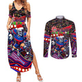 Merry Christmas Newcastle Knights Couples Matching Summer Maxi Dress and Long Sleeve Button Shirt Aboriginal Santa Rugby Mascot - Novocastrians