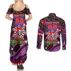 Merry Christmas Newcastle Knights Couples Matching Summer Maxi Dress and Long Sleeve Button Shirt Aboriginal Santa Rugby Mascot - Novocastrians