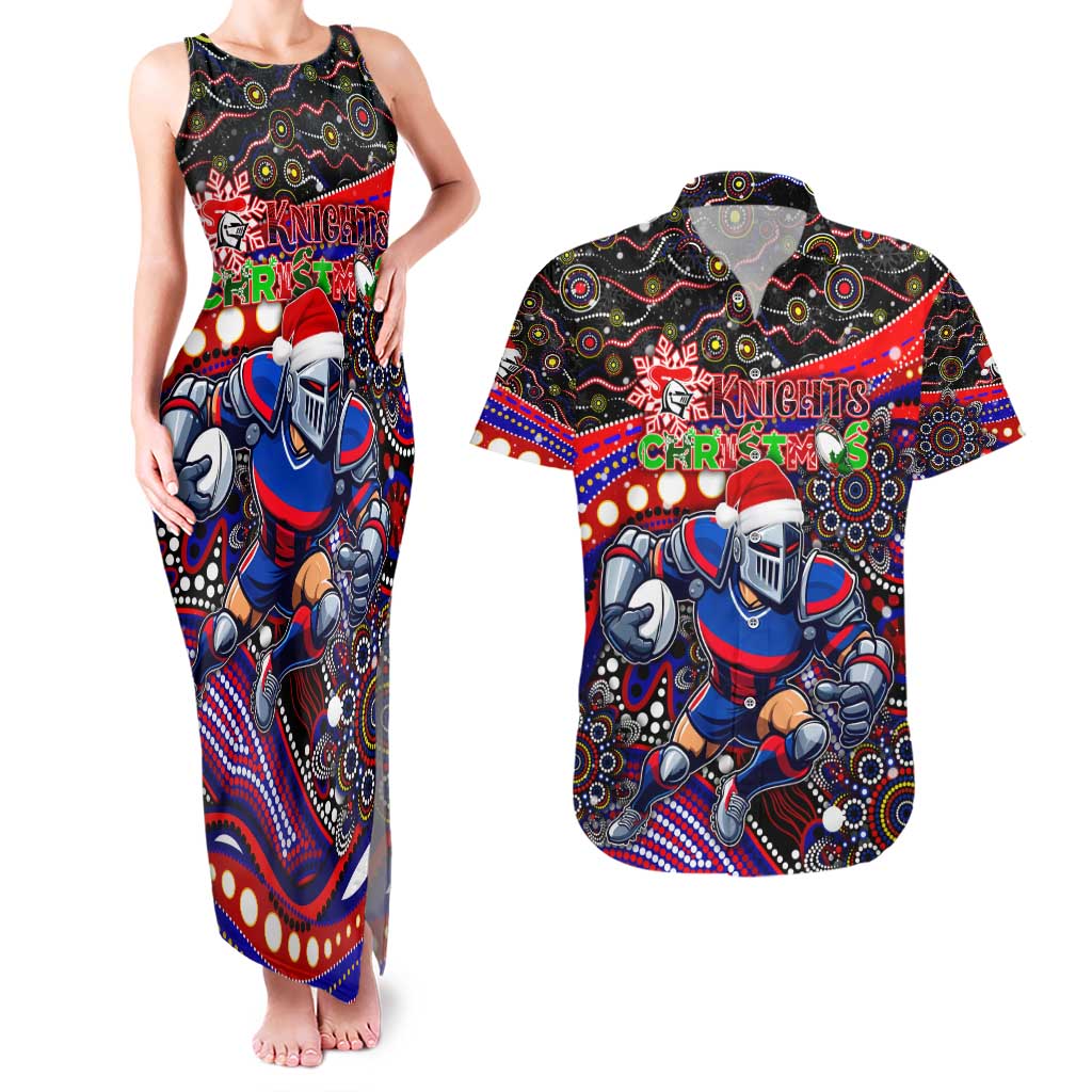 Merry Christmas Newcastle Knights Couples Matching Tank Maxi Dress and Hawaiian Shirt Aboriginal Santa Rugby Mascot - Novocastrians