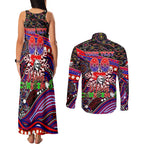 Merry Christmas Newcastle Knights Couples Matching Tank Maxi Dress and Long Sleeve Button Shirt Aboriginal Santa Rugby Mascot - Novocastrians