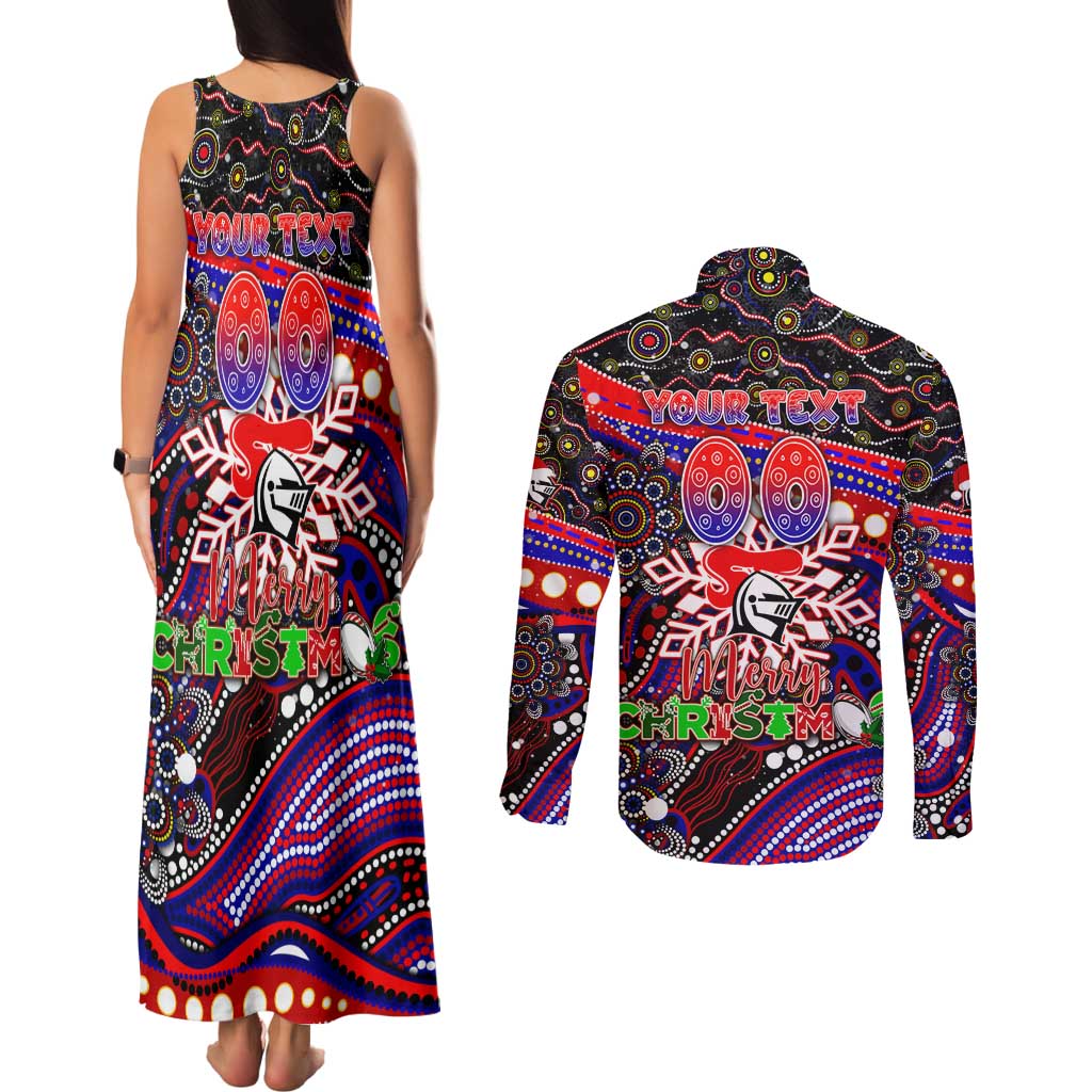 Merry Christmas Newcastle Knights Couples Matching Tank Maxi Dress and Long Sleeve Button Shirt Aboriginal Santa Rugby Mascot - Novocastrians