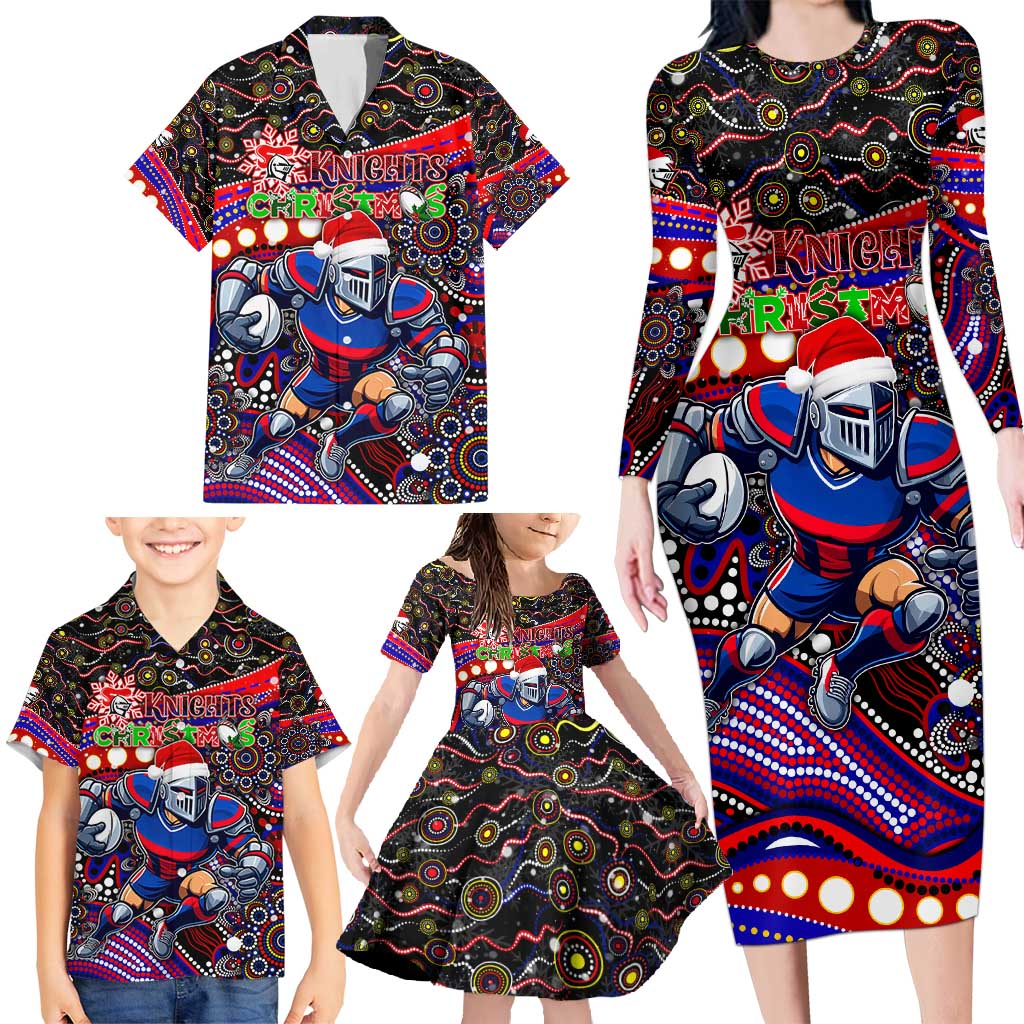 Merry Christmas Newcastle Knights Family Matching Long Sleeve Bodycon Dress and Hawaiian Shirt Aboriginal Santa Rugby Mascot - Novocastrians