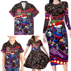 Merry Christmas Newcastle Knights Family Matching Long Sleeve Bodycon Dress and Hawaiian Shirt Aboriginal Santa Rugby Mascot - Novocastrians