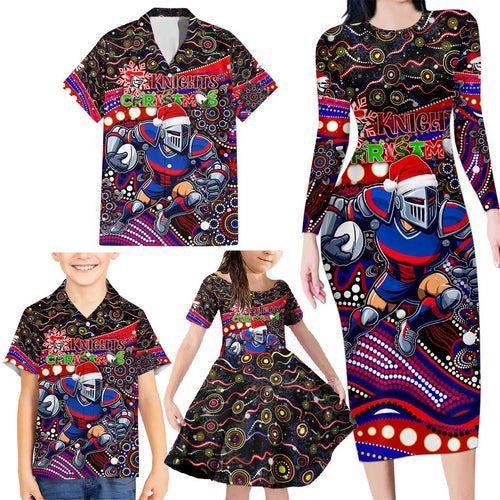 Merry Christmas Newcastle Knights Family Matching Long Sleeve Bodycon Dress and Hawaiian Shirt Aboriginal Santa Rugby Mascot - Novocastrians