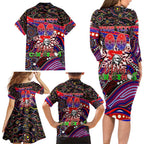 Merry Christmas Newcastle Knights Family Matching Long Sleeve Bodycon Dress and Hawaiian Shirt Aboriginal Santa Rugby Mascot - Novocastrians