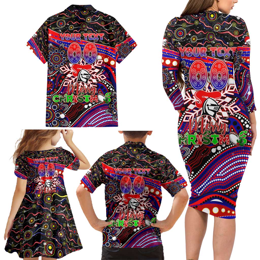 Merry Christmas Newcastle Knights Family Matching Long Sleeve Bodycon Dress and Hawaiian Shirt Aboriginal Santa Rugby Mascot - Novocastrians