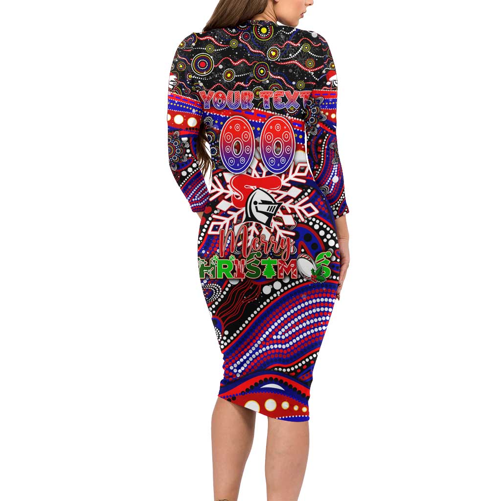 Merry Christmas Newcastle Knights Family Matching Long Sleeve Bodycon Dress and Hawaiian Shirt Aboriginal Santa Rugby Mascot - Novocastrians