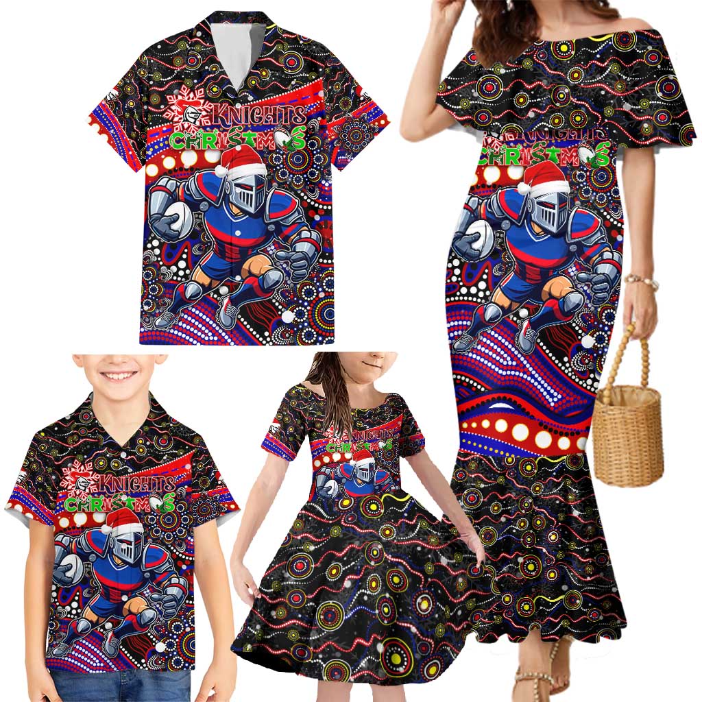 Merry Christmas Newcastle Knights Family Matching Mermaid Dress and Hawaiian Shirt Aboriginal Santa Rugby Mascot - Novocastrians