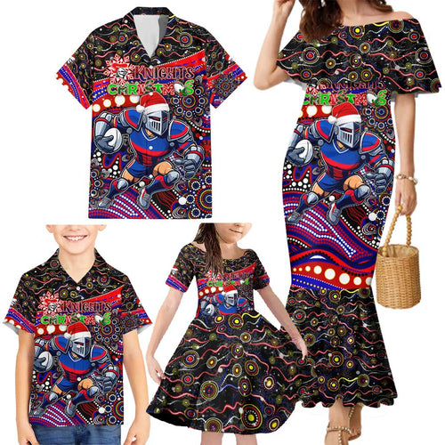 Merry Christmas Newcastle Knights Family Matching Mermaid Dress and Hawaiian Shirt Aboriginal Santa Rugby Mascot - Novocastrians