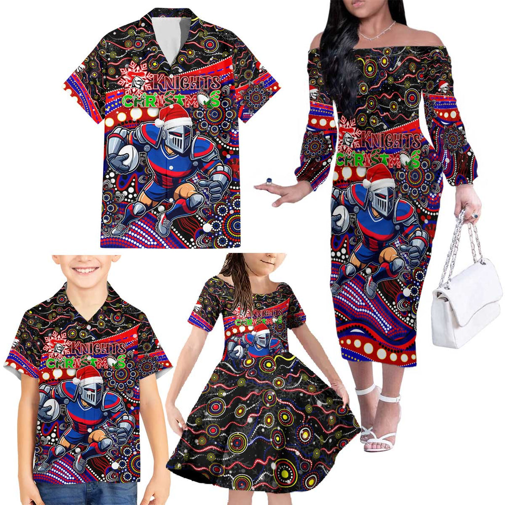 Merry Christmas Newcastle Knights Family Matching Off The Shoulder Long Sleeve Dress and Hawaiian Shirt Aboriginal Santa Rugby Mascot - Novocastrians