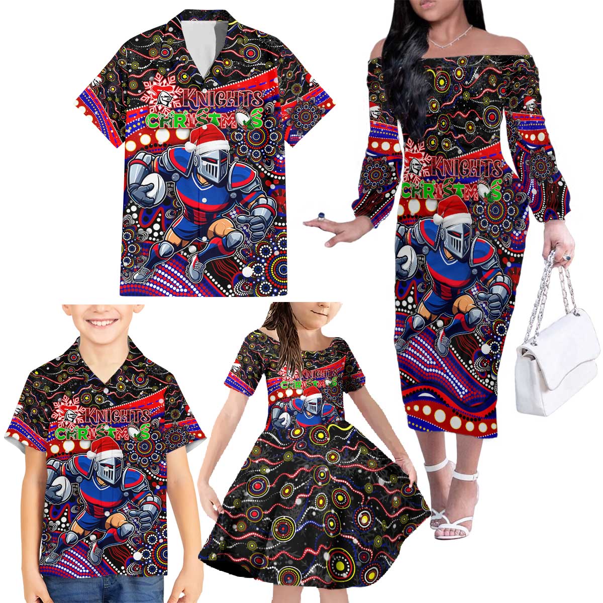 Merry Christmas Newcastle Knights Family Matching Off The Shoulder Long Sleeve Dress and Hawaiian Shirt Aboriginal Santa Rugby Mascot - Novocastrians