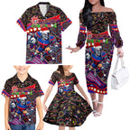 Merry Christmas Newcastle Knights Family Matching Off The Shoulder Long Sleeve Dress and Hawaiian Shirt Aboriginal Santa Rugby Mascot - Novocastrians