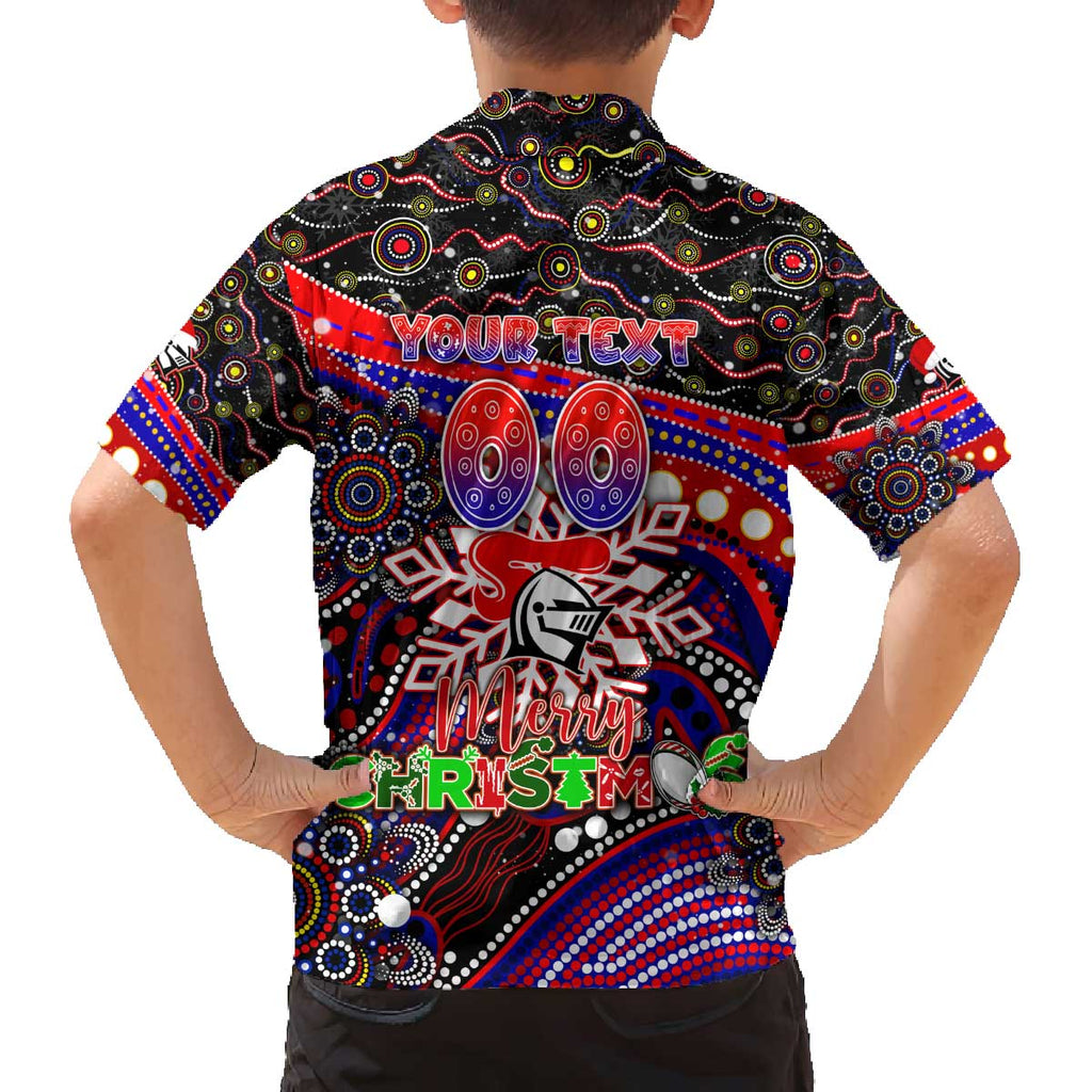 Merry Christmas Newcastle Knights Family Matching Off The Shoulder Long Sleeve Dress and Hawaiian Shirt Aboriginal Santa Rugby Mascot - Novocastrians