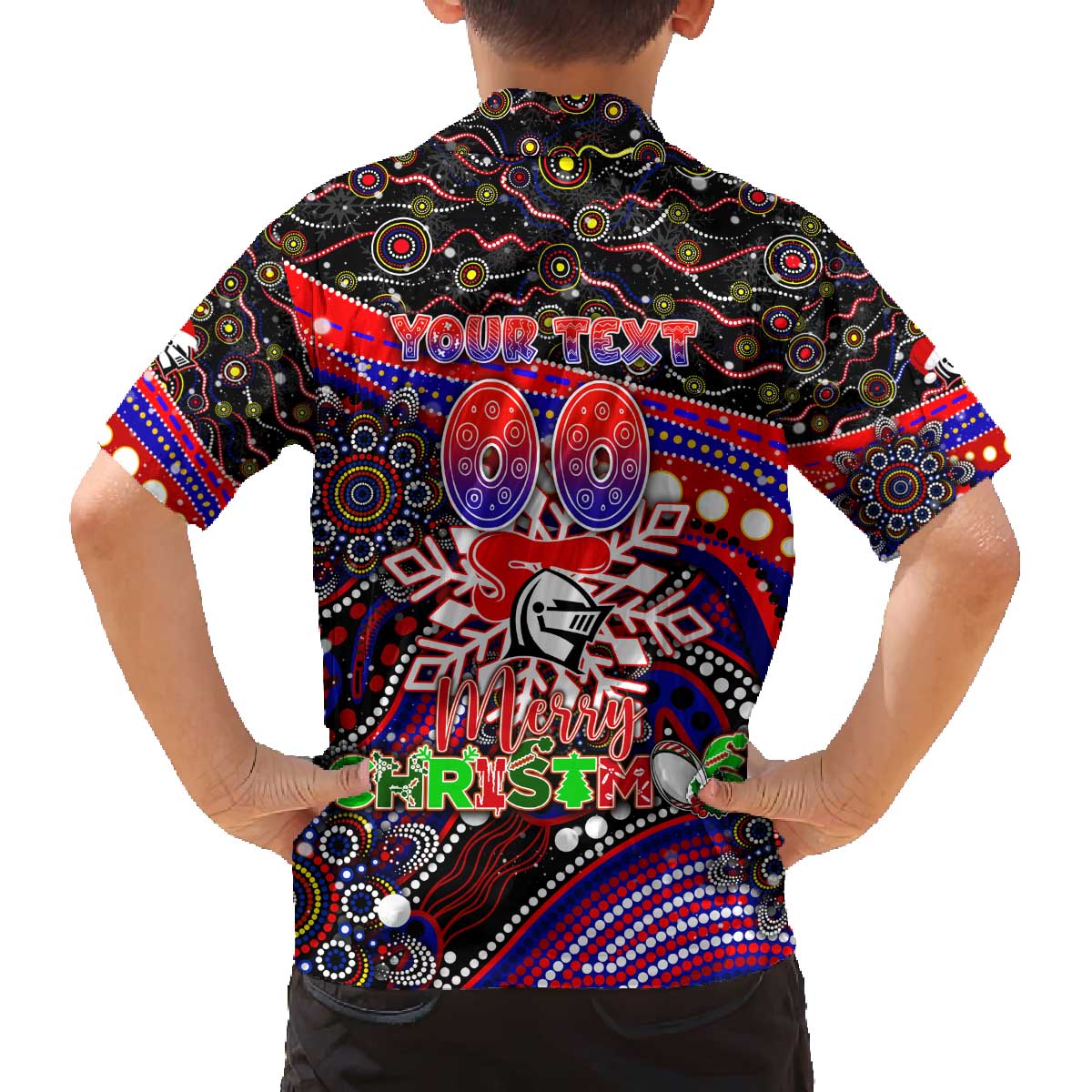 Merry Christmas Newcastle Knights Family Matching Off The Shoulder Long Sleeve Dress and Hawaiian Shirt Aboriginal Santa Rugby Mascot - Novocastrians