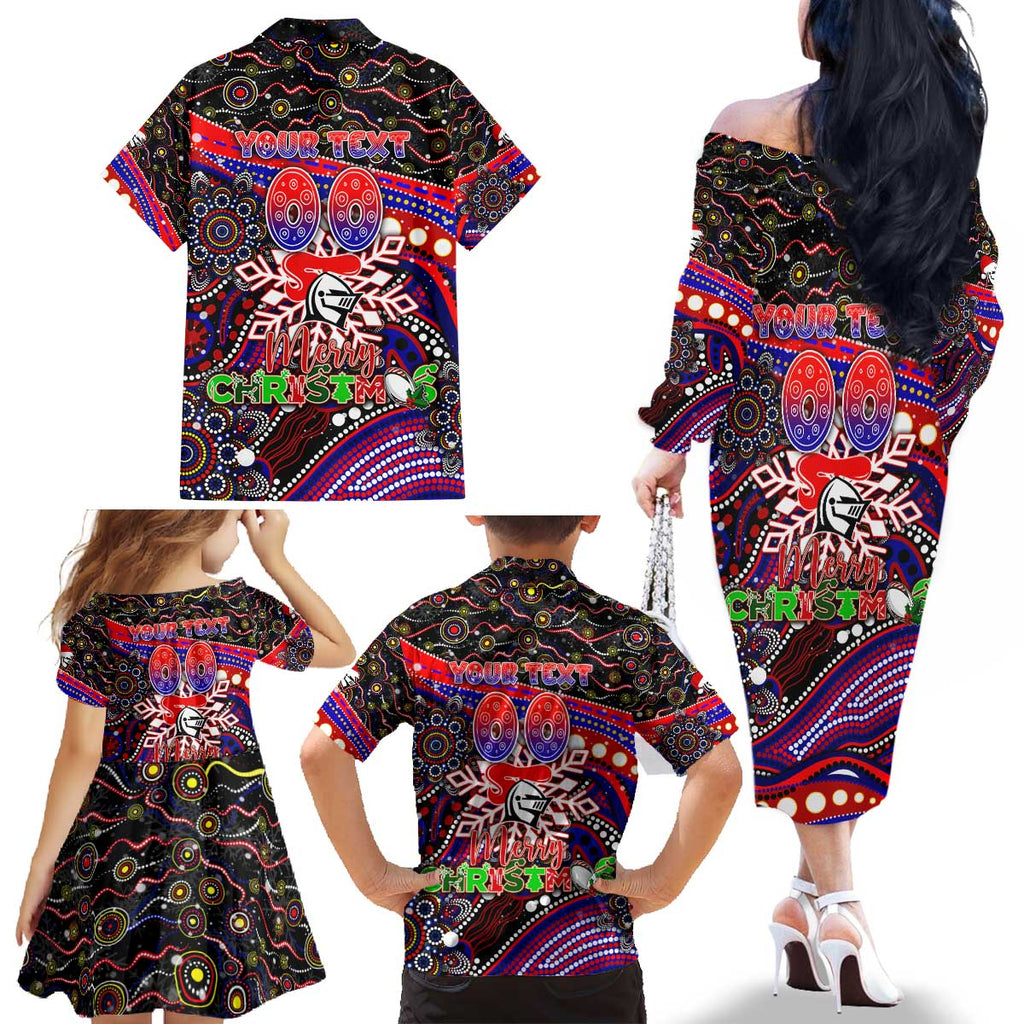 Merry Christmas Newcastle Knights Family Matching Off The Shoulder Long Sleeve Dress and Hawaiian Shirt Aboriginal Santa Rugby Mascot - Novocastrians