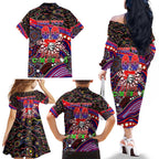 Merry Christmas Newcastle Knights Family Matching Off The Shoulder Long Sleeve Dress and Hawaiian Shirt Aboriginal Santa Rugby Mascot - Novocastrians