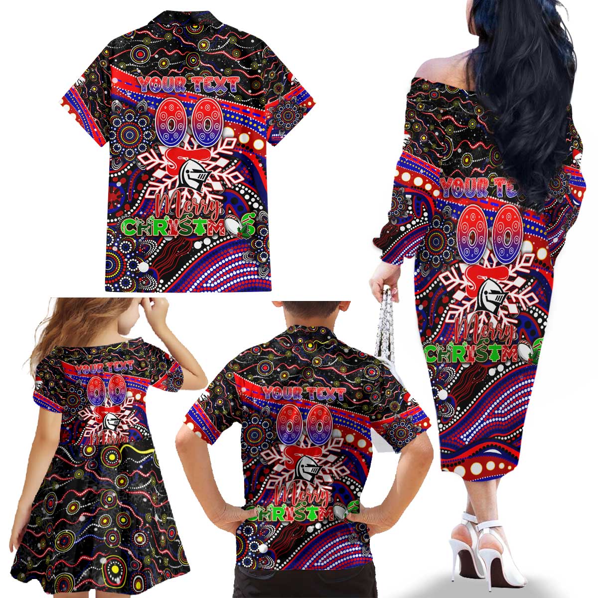 Merry Christmas Newcastle Knights Family Matching Off The Shoulder Long Sleeve Dress and Hawaiian Shirt Aboriginal Santa Rugby Mascot - Novocastrians