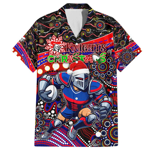 Merry Christmas Newcastle Knights Family Matching Off The Shoulder Long Sleeve Dress and Hawaiian Shirt Aboriginal Santa Rugby Mascot - Novocastrians