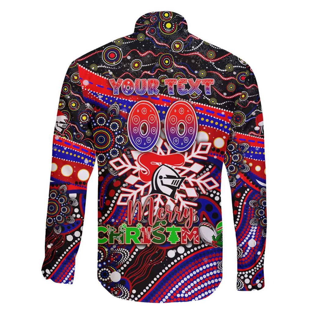 Merry Christmas Newcastle Knights Family Matching Off The Shoulder Long Sleeve Dress and Hawaiian Shirt Aboriginal Santa Rugby Mascot - Novocastrians