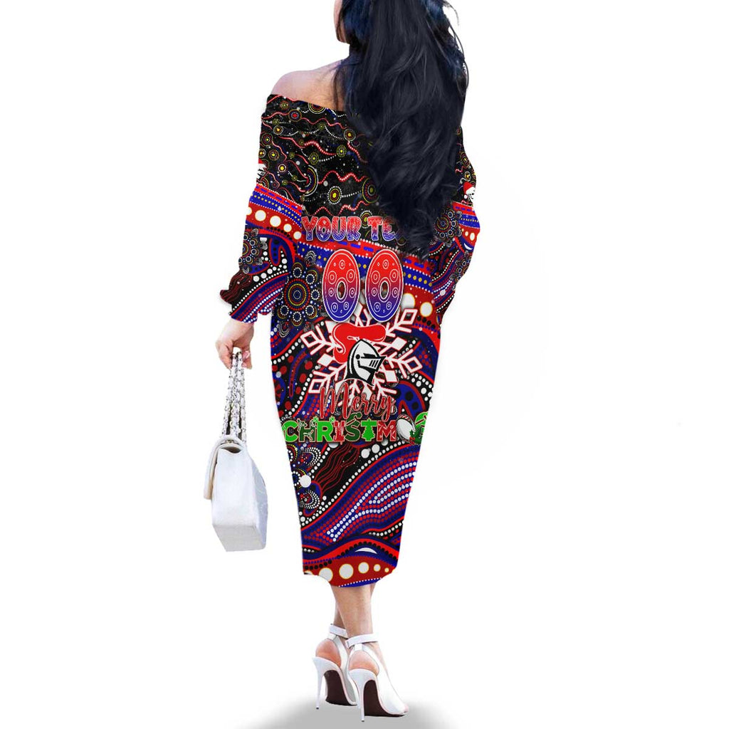 Merry Christmas Newcastle Knights Family Matching Off The Shoulder Long Sleeve Dress and Hawaiian Shirt Aboriginal Santa Rugby Mascot - Novocastrians