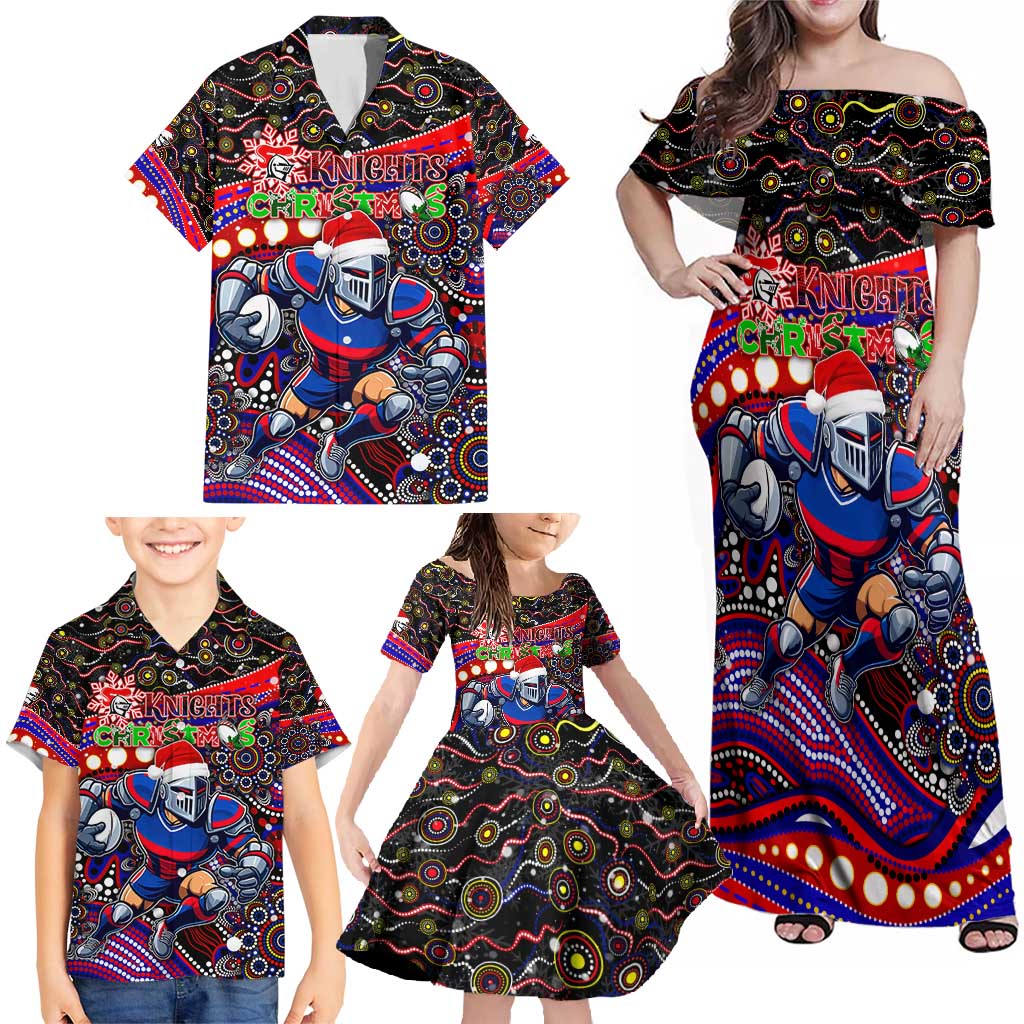 Merry Christmas Newcastle Knights Family Matching Off Shoulder Maxi Dress and Hawaiian Shirt Aboriginal Santa Rugby Mascot - Novocastrians