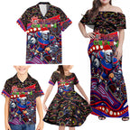 Merry Christmas Newcastle Knights Family Matching Off Shoulder Maxi Dress and Hawaiian Shirt Aboriginal Santa Rugby Mascot - Novocastrians
