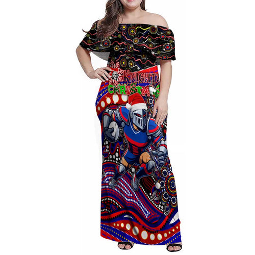 Merry Christmas Newcastle Knights Family Matching Off Shoulder Maxi Dress and Hawaiian Shirt Aboriginal Santa Rugby Mascot - Novocastrians