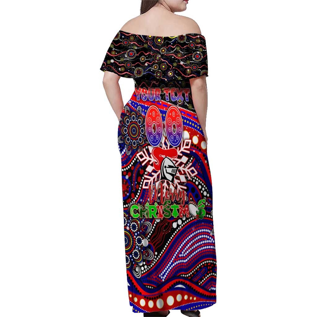 Merry Christmas Newcastle Knights Family Matching Off Shoulder Maxi Dress and Hawaiian Shirt Aboriginal Santa Rugby Mascot - Novocastrians