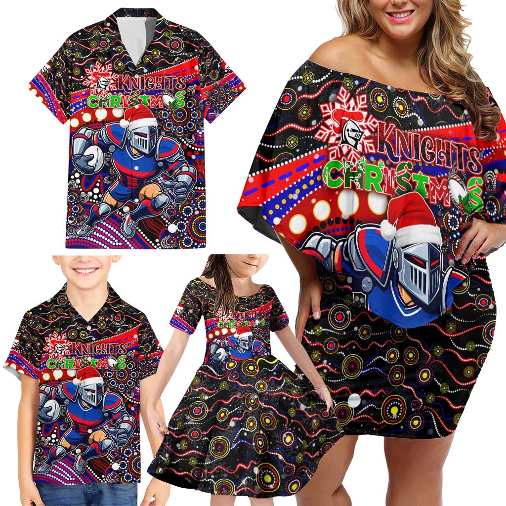 Merry Christmas Newcastle Knights Family Matching Off Shoulder Short Dress and Hawaiian Shirt Aboriginal Santa Rugby Mascot - Novocastrians