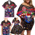Merry Christmas Newcastle Knights Family Matching Off Shoulder Short Dress and Hawaiian Shirt Aboriginal Santa Rugby Mascot - Novocastrians