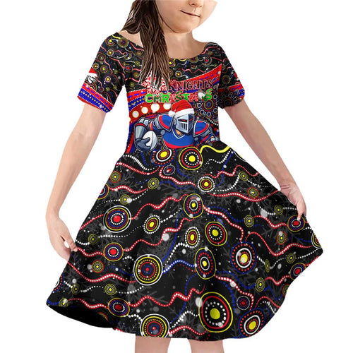 Merry Christmas Newcastle Knights Family Matching Off Shoulder Short Dress and Hawaiian Shirt Aboriginal Santa Rugby Mascot - Novocastrians