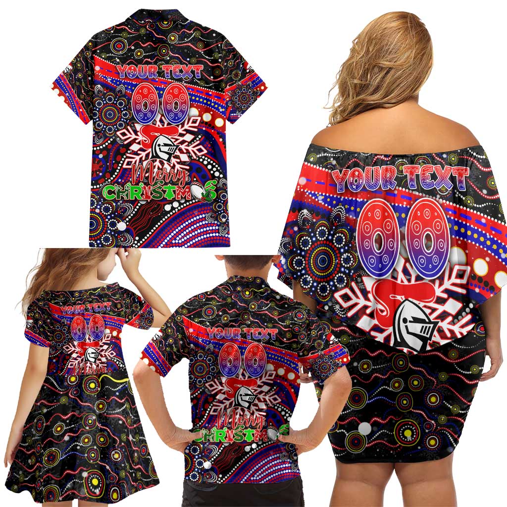 Merry Christmas Newcastle Knights Family Matching Off Shoulder Short Dress and Hawaiian Shirt Aboriginal Santa Rugby Mascot - Novocastrians