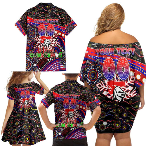 Merry Christmas Newcastle Knights Family Matching Off Shoulder Short Dress and Hawaiian Shirt Aboriginal Santa Rugby Mascot - Novocastrians