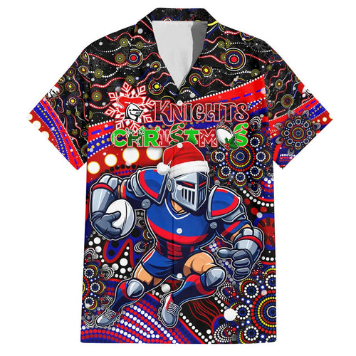 Merry Christmas Newcastle Knights Family Matching Off Shoulder Short Dress and Hawaiian Shirt Aboriginal Santa Rugby Mascot - Novocastrians