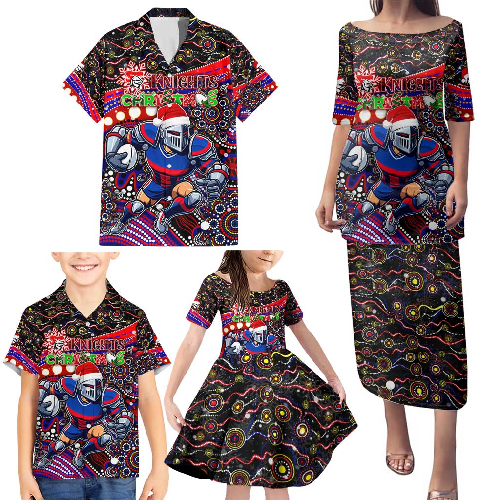 Merry Christmas Newcastle Knights Family Matching Puletasi and Hawaiian Shirt Aboriginal Santa Rugby Mascot - Novocastrians