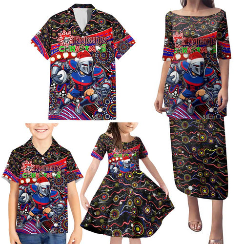 Merry Christmas Newcastle Knights Family Matching Puletasi and Hawaiian Shirt Aboriginal Santa Rugby Mascot - Novocastrians