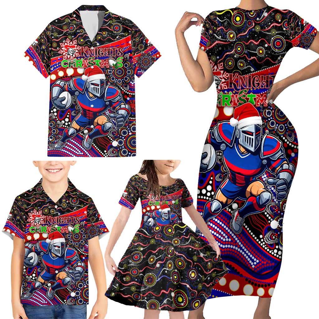 Merry Christmas Newcastle Knights Family Matching Short Sleeve Bodycon Dress and Hawaiian Shirt Aboriginal Santa Rugby Mascot - Novocastrians