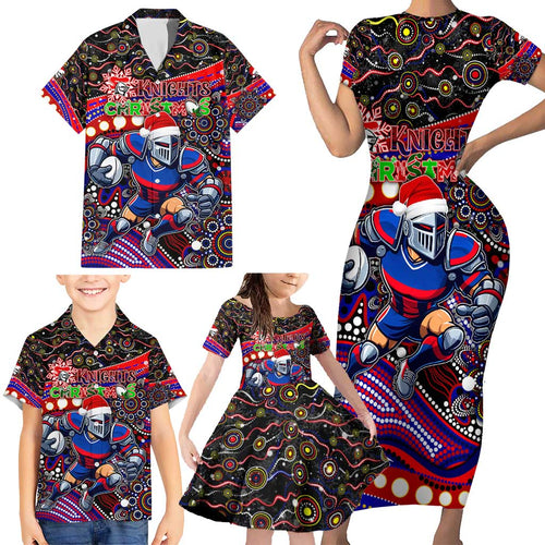 Merry Christmas Newcastle Knights Family Matching Short Sleeve Bodycon Dress and Hawaiian Shirt Aboriginal Santa Rugby Mascot - Novocastrians