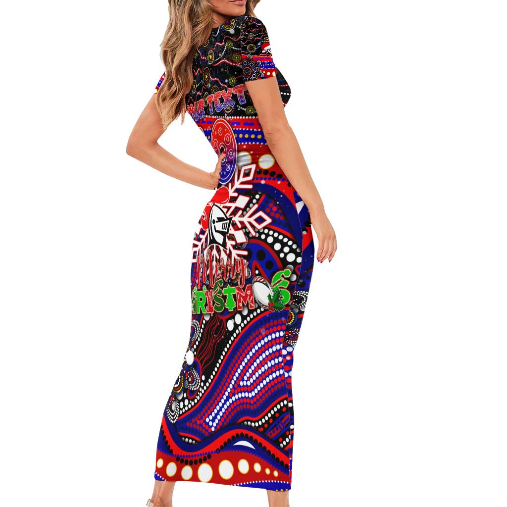 Merry Christmas Newcastle Knights Family Matching Short Sleeve Bodycon Dress and Hawaiian Shirt Aboriginal Santa Rugby Mascot - Novocastrians