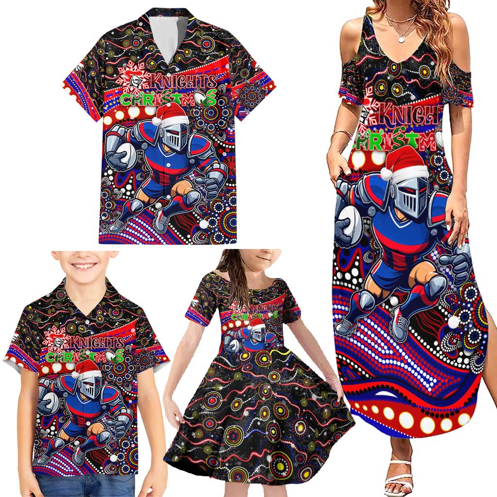 Merry Christmas Newcastle Knights Family Matching Summer Maxi Dress and Hawaiian Shirt Aboriginal Santa Rugby Mascot - Novocastrians